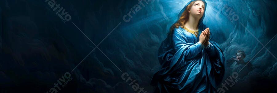 Nossa Senhora em manto azul rezando com anjo no céu divino
