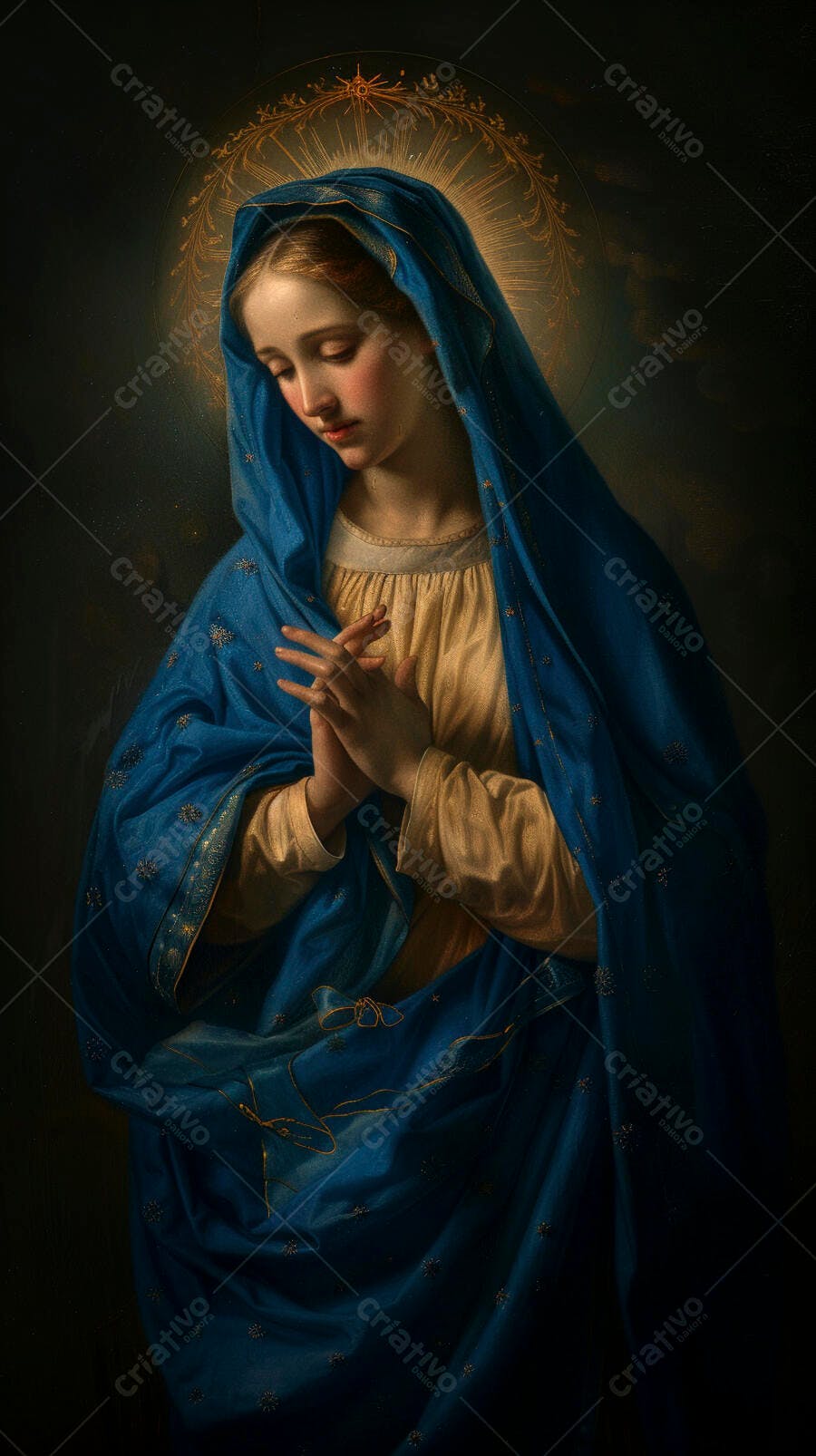 Virgem Maria rezando com manto azul e halo dourado em pintura clássica religiosa
