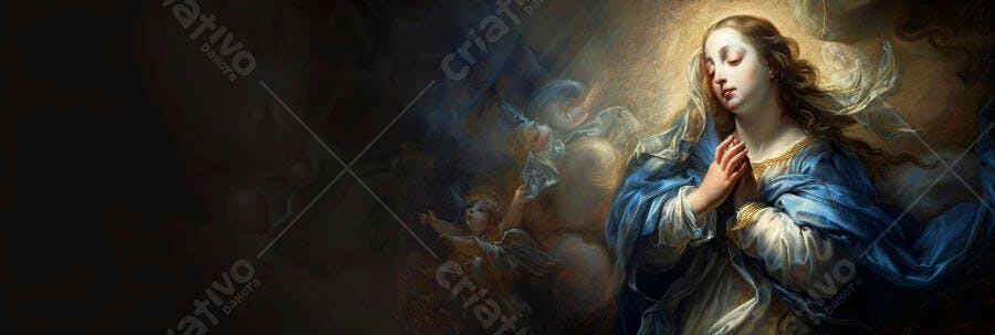 Virgem Maria em oração manto azul e dourado e anjos celestiais arte clássica