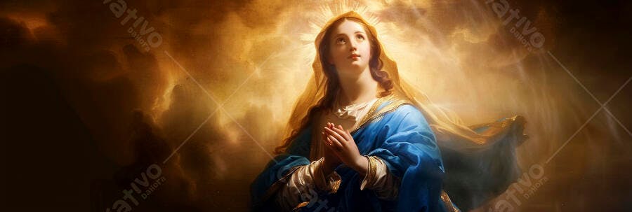 Nossa Senhora jovem em oração com manto azul e véu dourado cercada por luz celestial