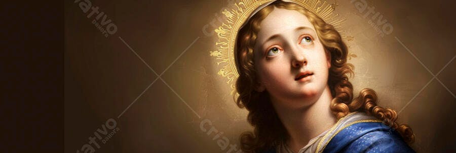 Virgem Maria de olhos claros e cabelo ondulado com halo dourado em oração