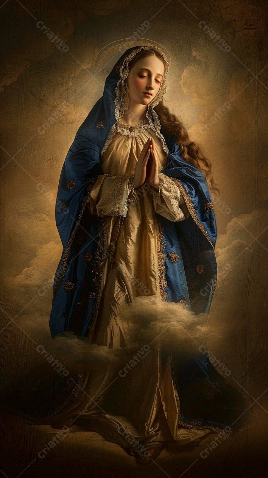 Virgem Maria jovem em oração com manto azul e dourado entre nuvens