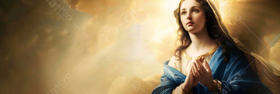 Mulher jovem de túnica azul orando entre nuvens douradas e luz divina