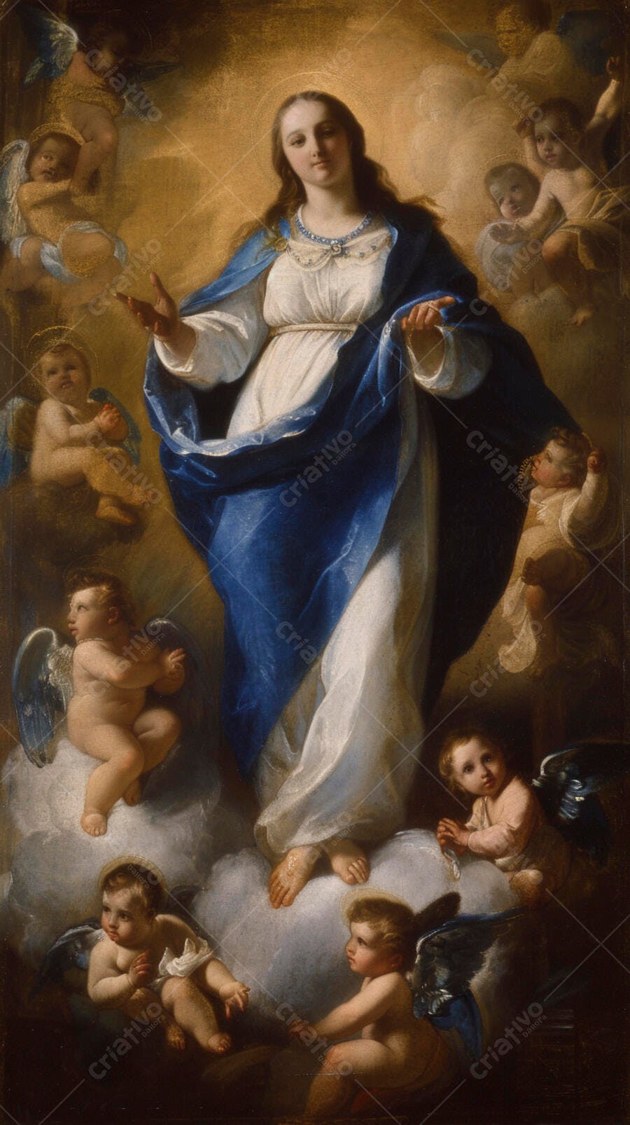 Nossa Senhora Imaculada Conceição pintura barroca com anjos e nuvens