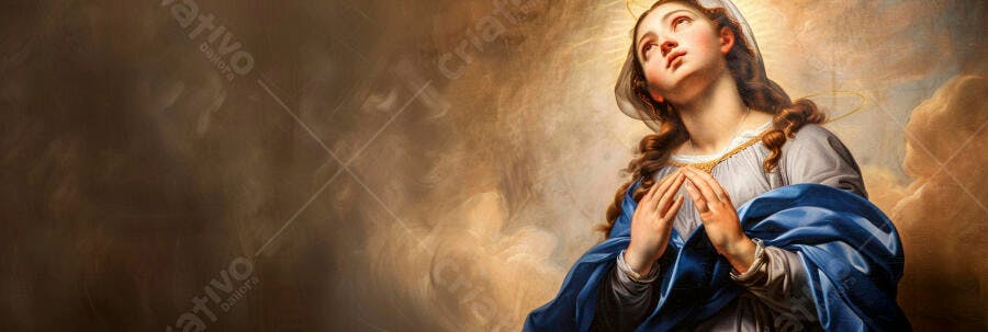 Virgem Maria jovem em oração com manto azul sob luz dourada e nuvens celestiais
