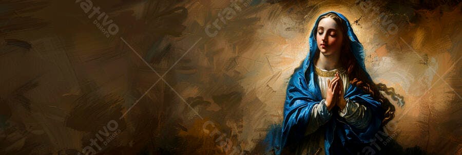 Pintura Virgem Maria de manto azul orando com auréola dourada em fundo abstrato