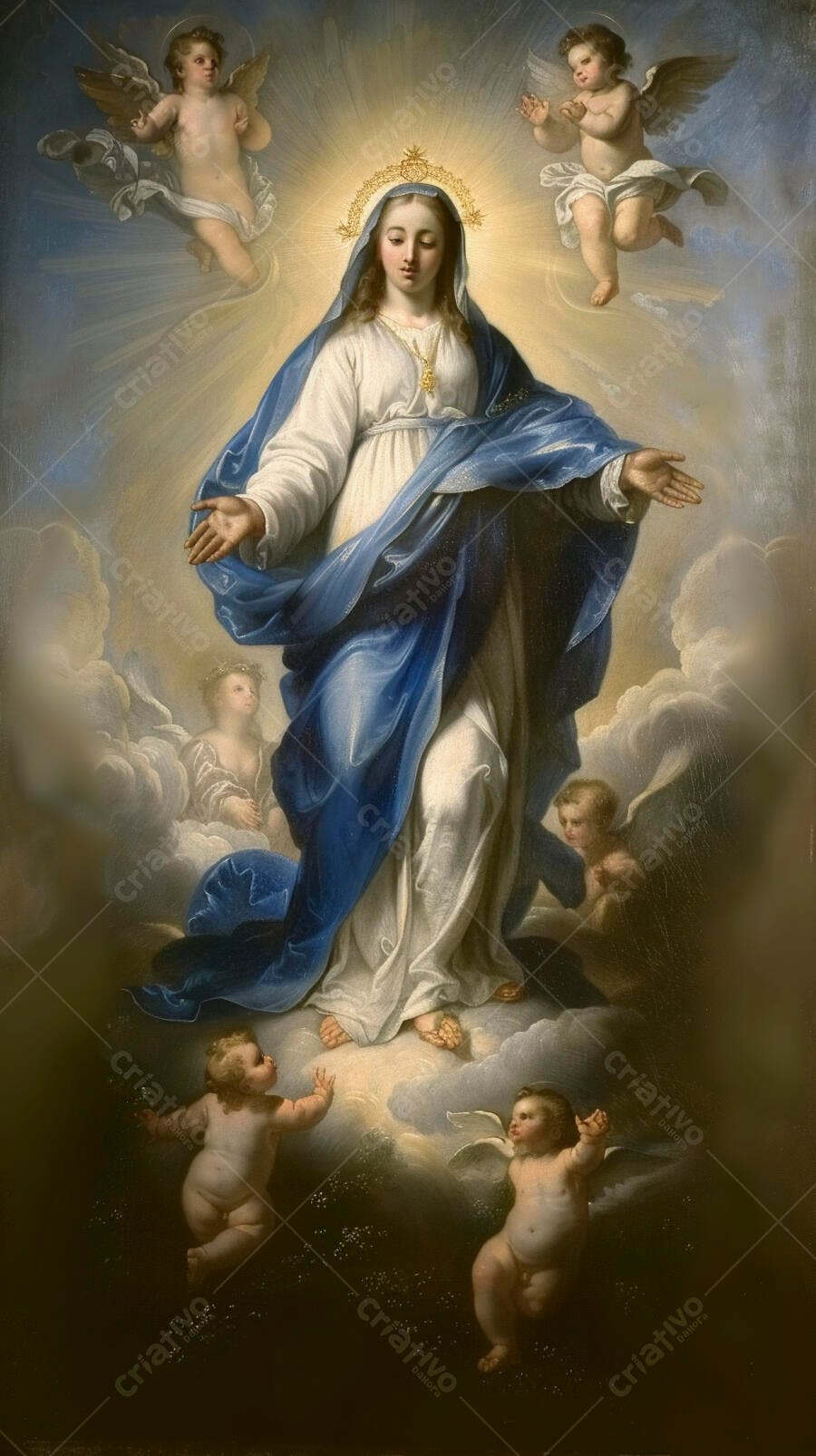 Nossa Senhora Imaculada Conceição em manto azul com anjos celestiais
