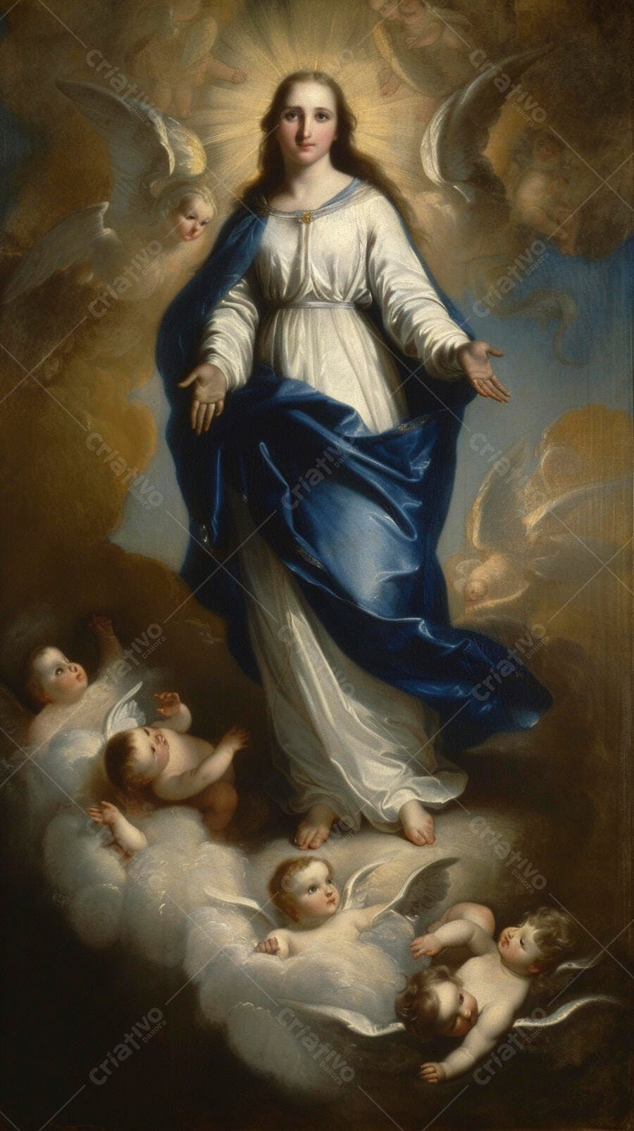 Nossa Senhora de manto azul e véu branco emergindo em glória celestial