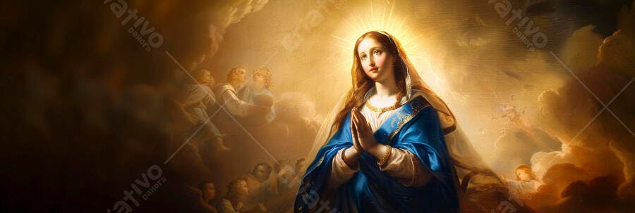 Virgem Maria orando em luz celestial com anjos ao redor