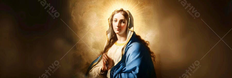 Nossa Senhora com manto azul em oração e aura dourada divina