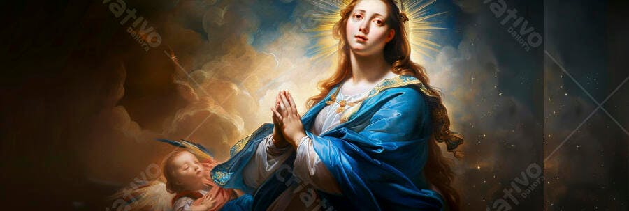 Virgem Maria rezando manto azul halo dourado e anjo bebê em nuvens celestiais