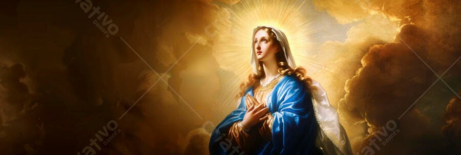 Nossa Senhora em manto azul com aura dourada entre nuvens celestiais