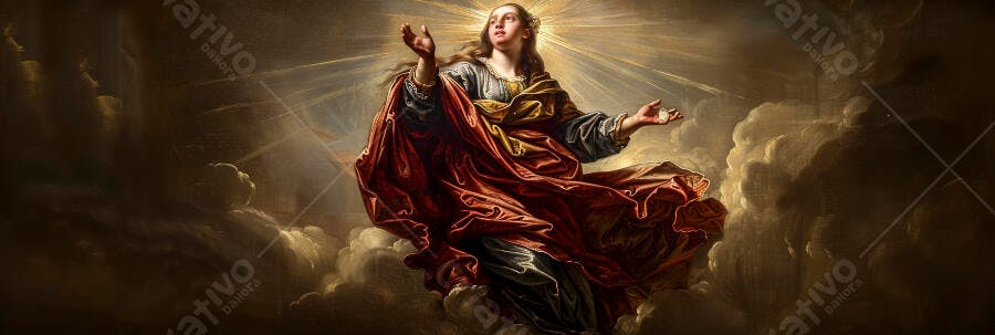 Virgem Maria em manto vermelho e azul ascendendo em nuvens celestiais e luz dourada