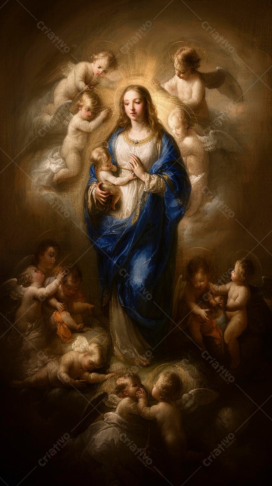 Virgem Maria Menino Jesus anjos clássicos luz dourada celestial
