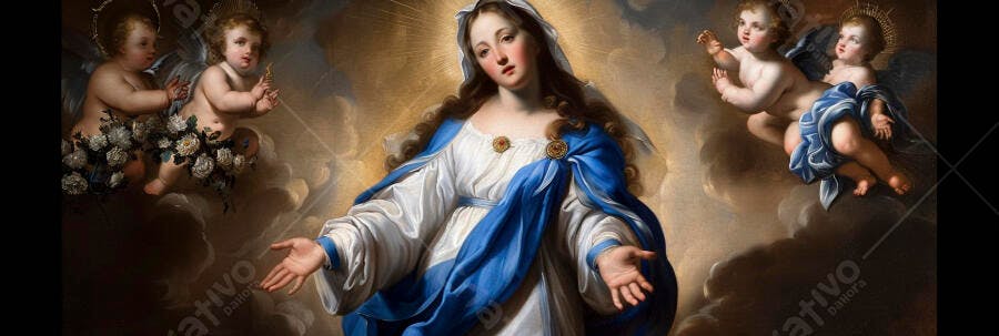 Virgem Maria em manto azul com anjos em nuvens celestiais