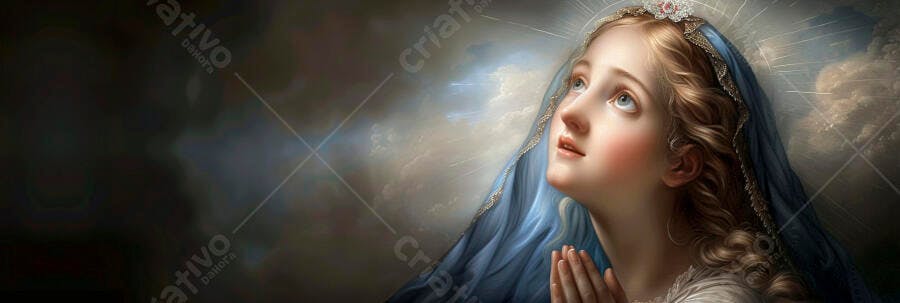 Virgem Maria jovem rezando com véu azul e coroa celestial