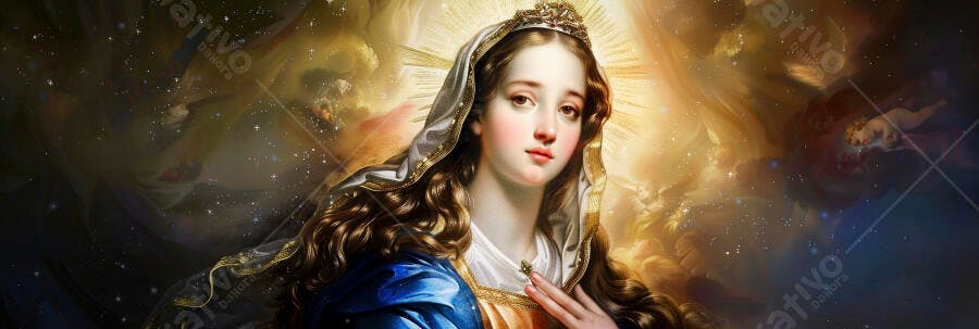 Virgem Maria coroada em glória celestial dourada