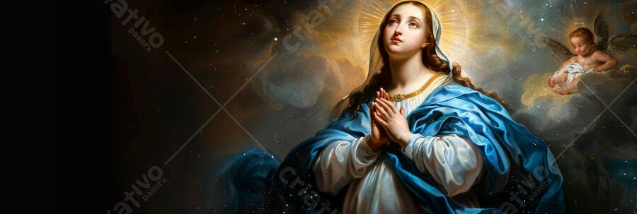 Nossa Senhora Imaculada Conceição em oração céu estrelado com anjo querubim