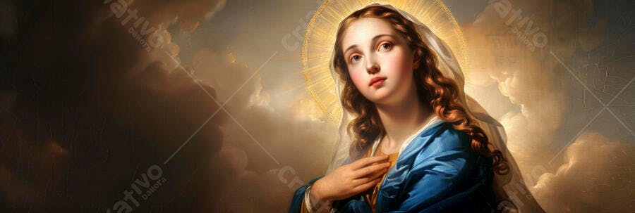 Virgem Maria jovem com véu branco e auréola dourada em céu divino com nuvens