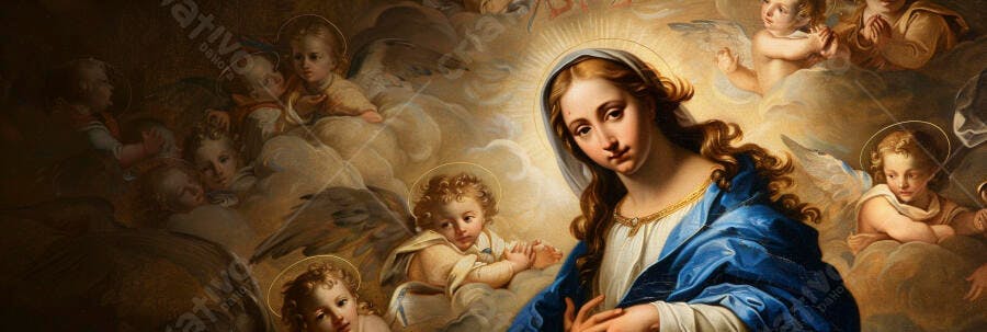 Nossa Senhora em manto azul com querubins e luz divina