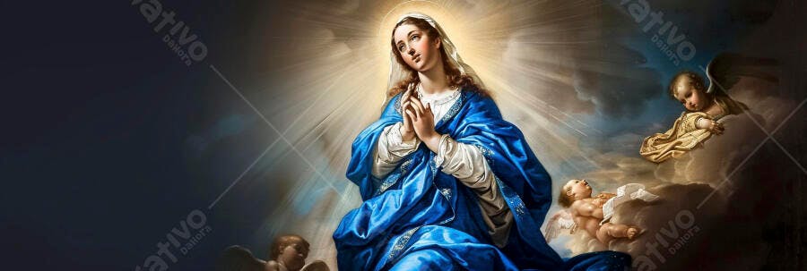 Nossa Senhora Virgem Maria em oração com anjos e luz celestial