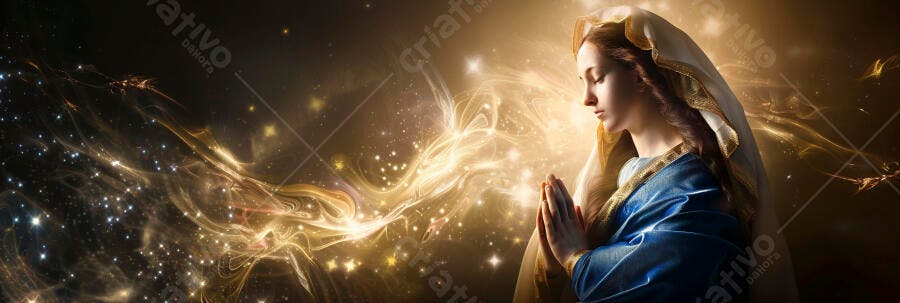 Virgem Maria orando em luz divina dourada celestial
