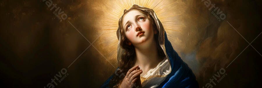 Virgem Maria orando serena com manto azul e halo dourado em pintura clássica
