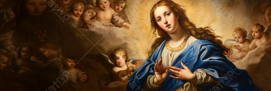 Virgem Maria manto azul e anjos celestiais pintura barroca clássica