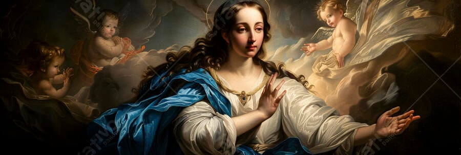 Virgem Maria de manto azul com anjos querubins entre nuvens celestiais pintura clássica