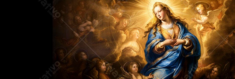 Virgem Maria de manto azul cercada por anjos em nuvens douradas obra de arte clássica