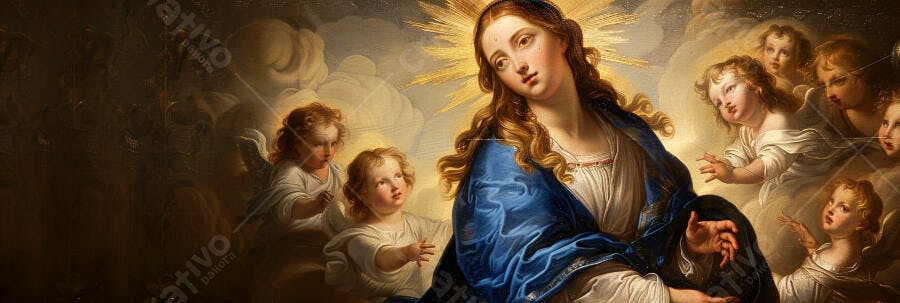 Virgem Maria com auréola dourada rodeada por anjos em nuvens celestiais