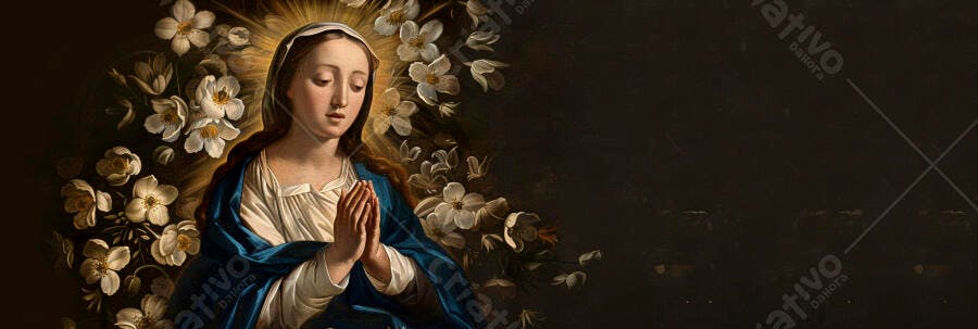 Virgem Maria orando cercada por flores brancas e luz dourada