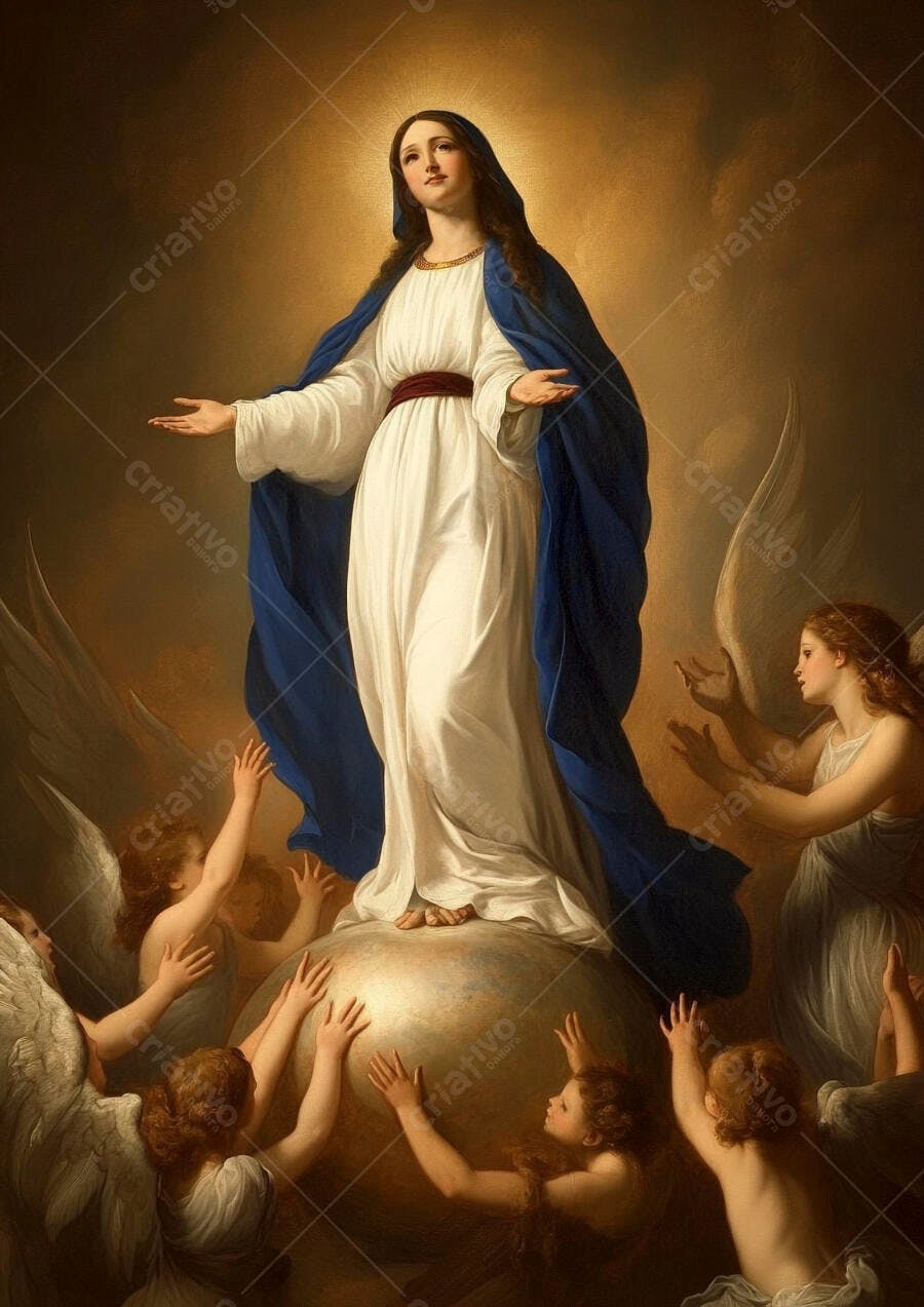 Virgem Maria de manto azul e vestido branco rodeada por anjos celestiais