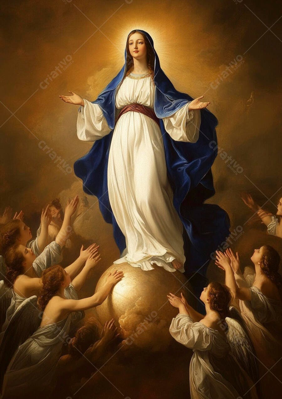 Virgem Maria com manto azul e anjos sobre globo em luz divina