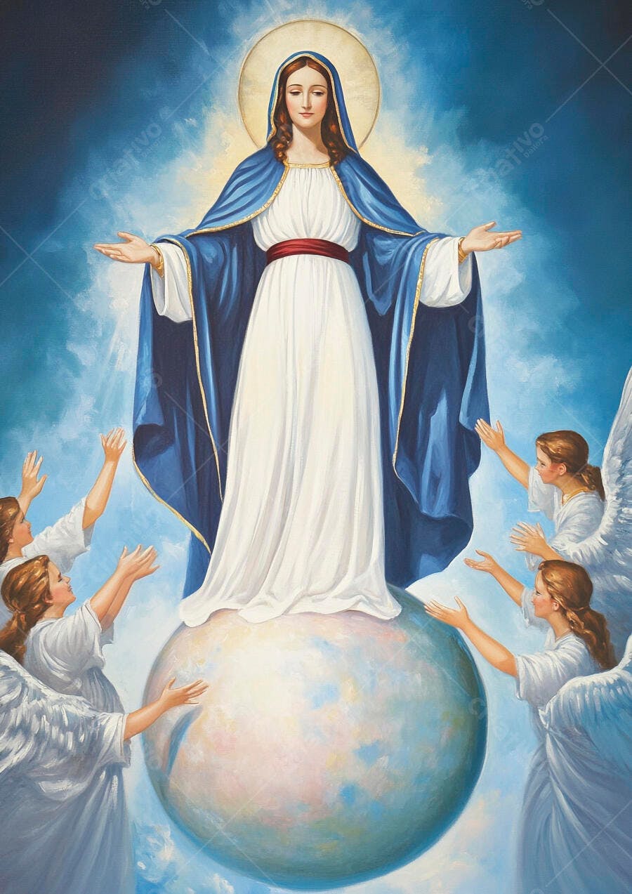 Virgem Maria de manto azul e vestido branco com anjos sobre o globo terrestre
