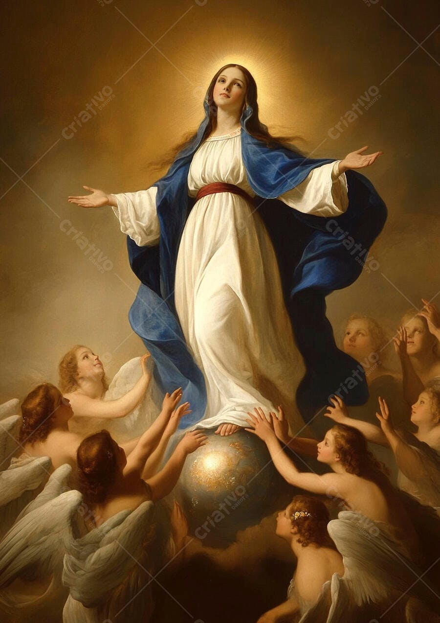 Virgem Maria de manto azul em ascensão com anjos e globo celestial iluminado