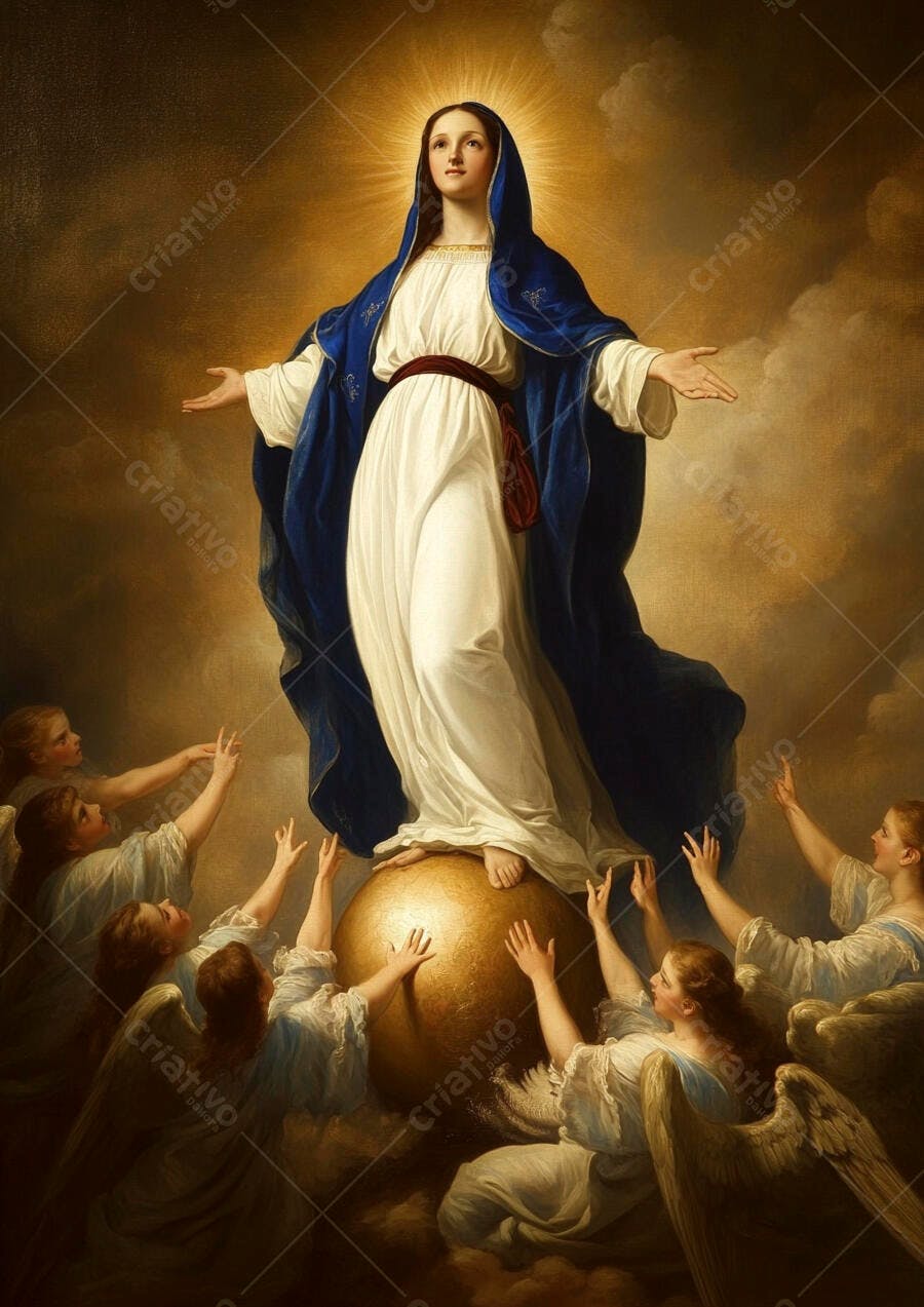 Virgem Maria clássica em azul e branco rodeada por anjos celestiais