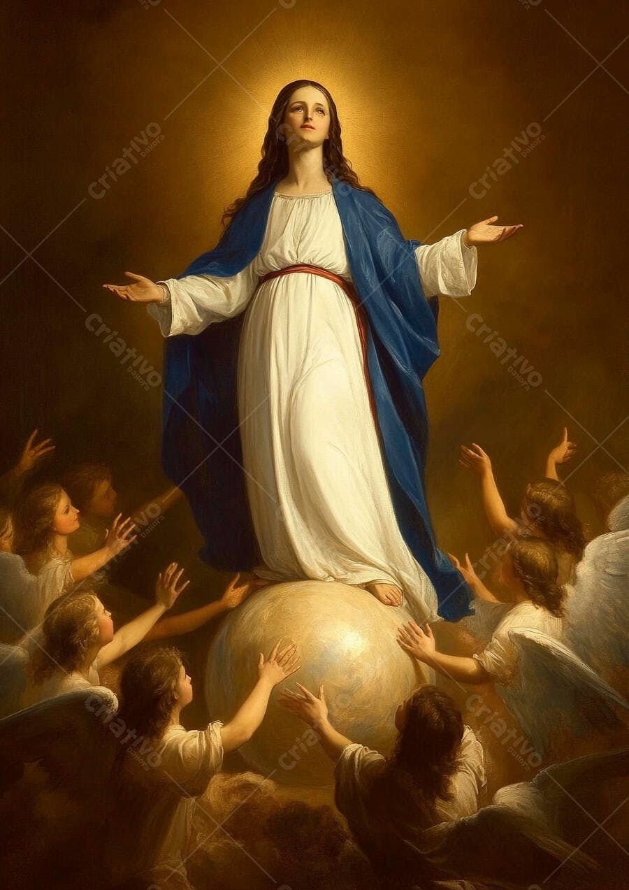 Virgem Maria Imaculada Conceição em manto azul sobre o globo rodeada por anjos celestiais