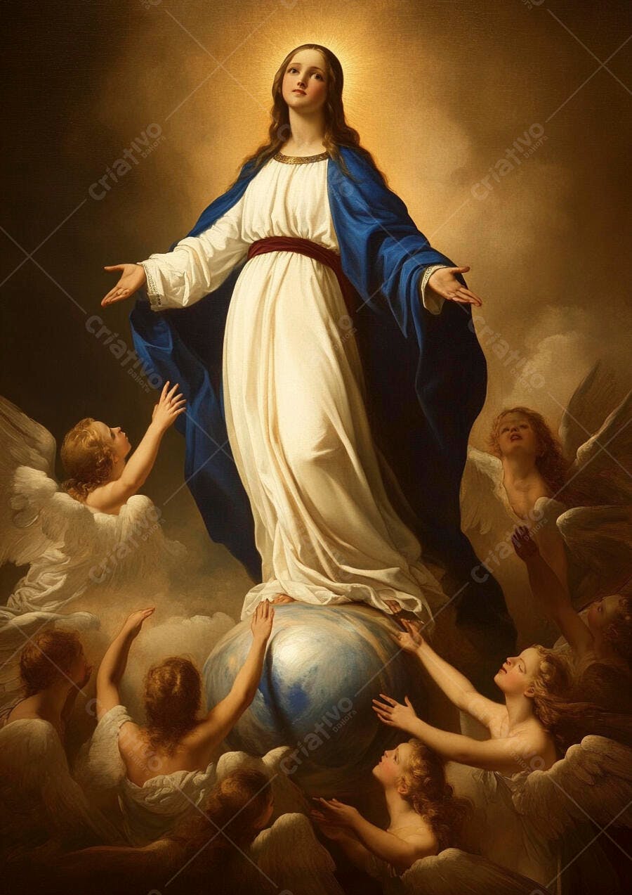 Nossa Senhora Imaculada Conceição em manto azul e branco com anjos e globo terrestre
