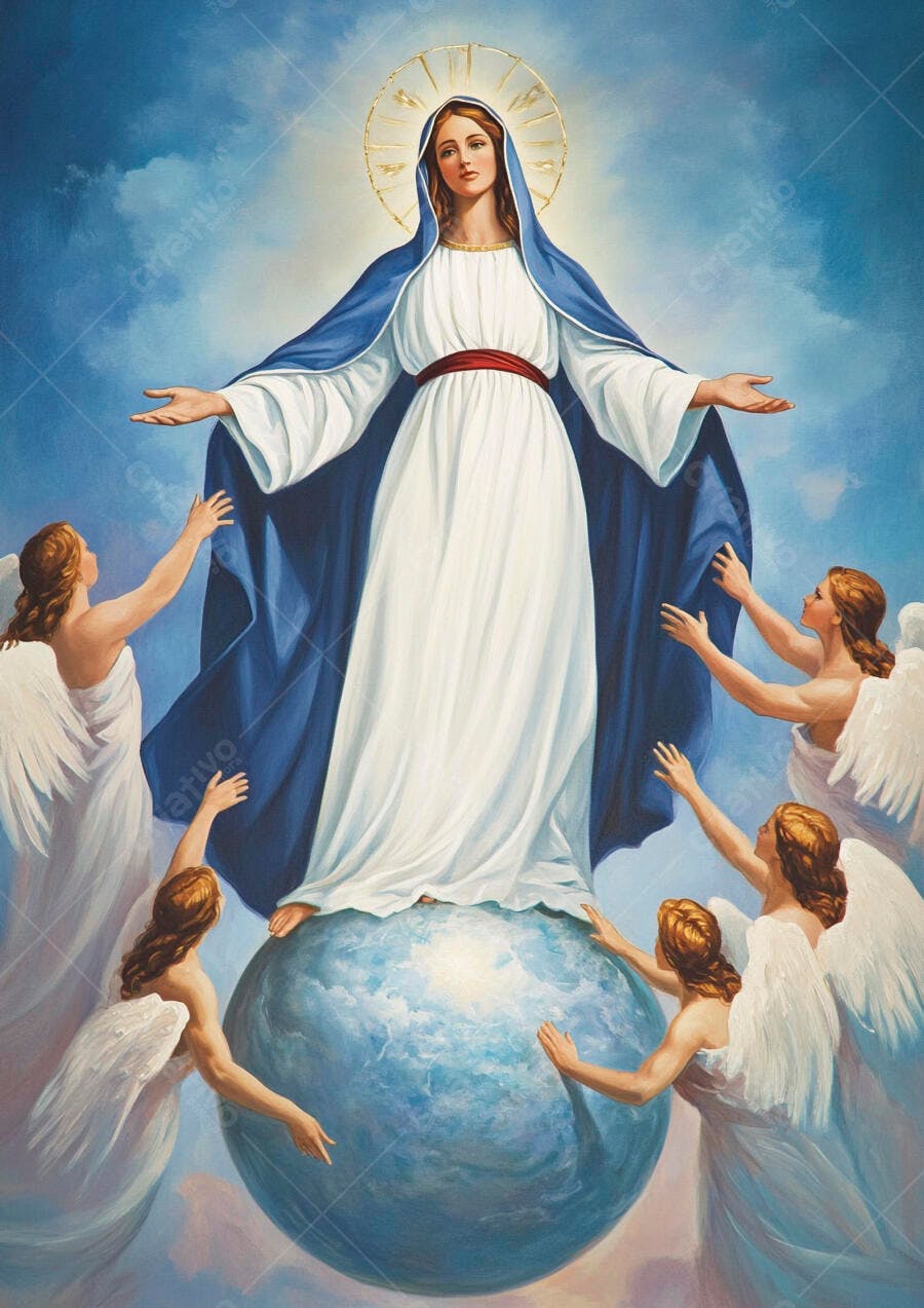 Nossa Senhora Imaculada rodeada por anjos sobre o globo terrestre céu azul arte clássica