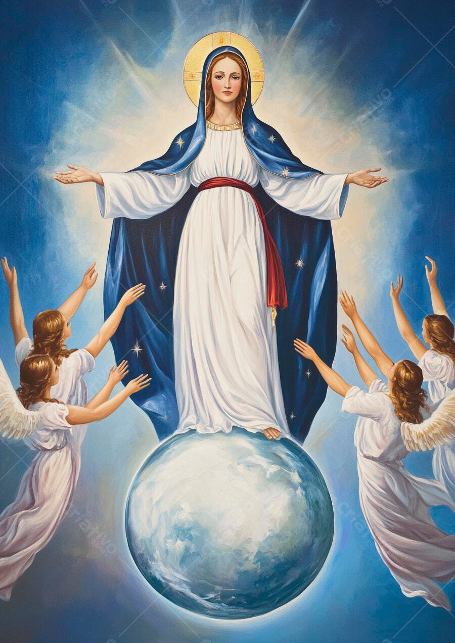 Virgem Maria em manto azul sobre globo com anjos no céu divino arte religiosa