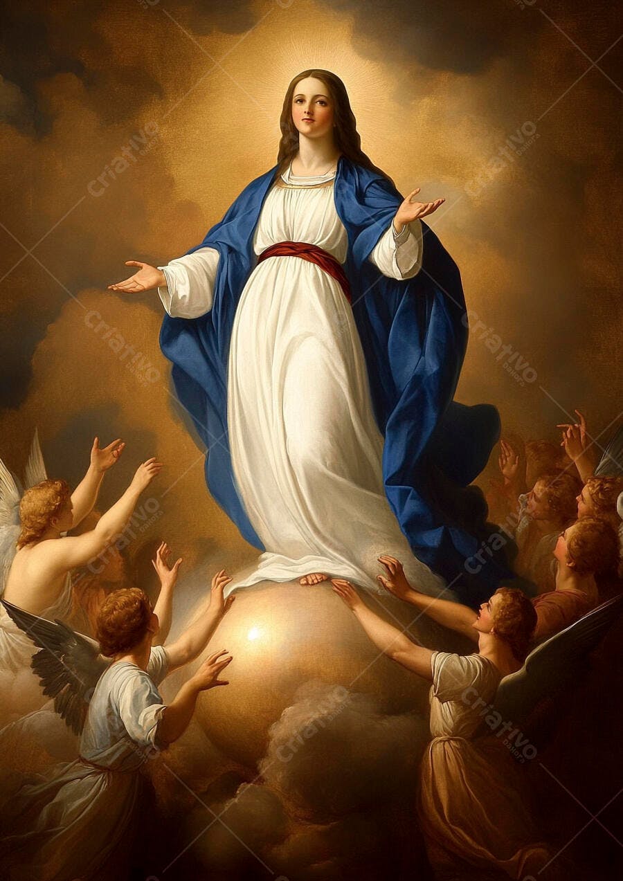 Virgem Maria em manto azul com anjos celestiais nas nuvens douradas