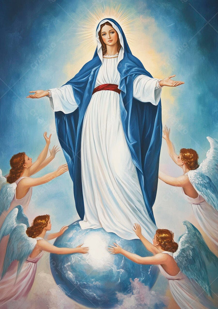 Nossa Senhora em manto azul sobre o globo com anjos e luz celestial