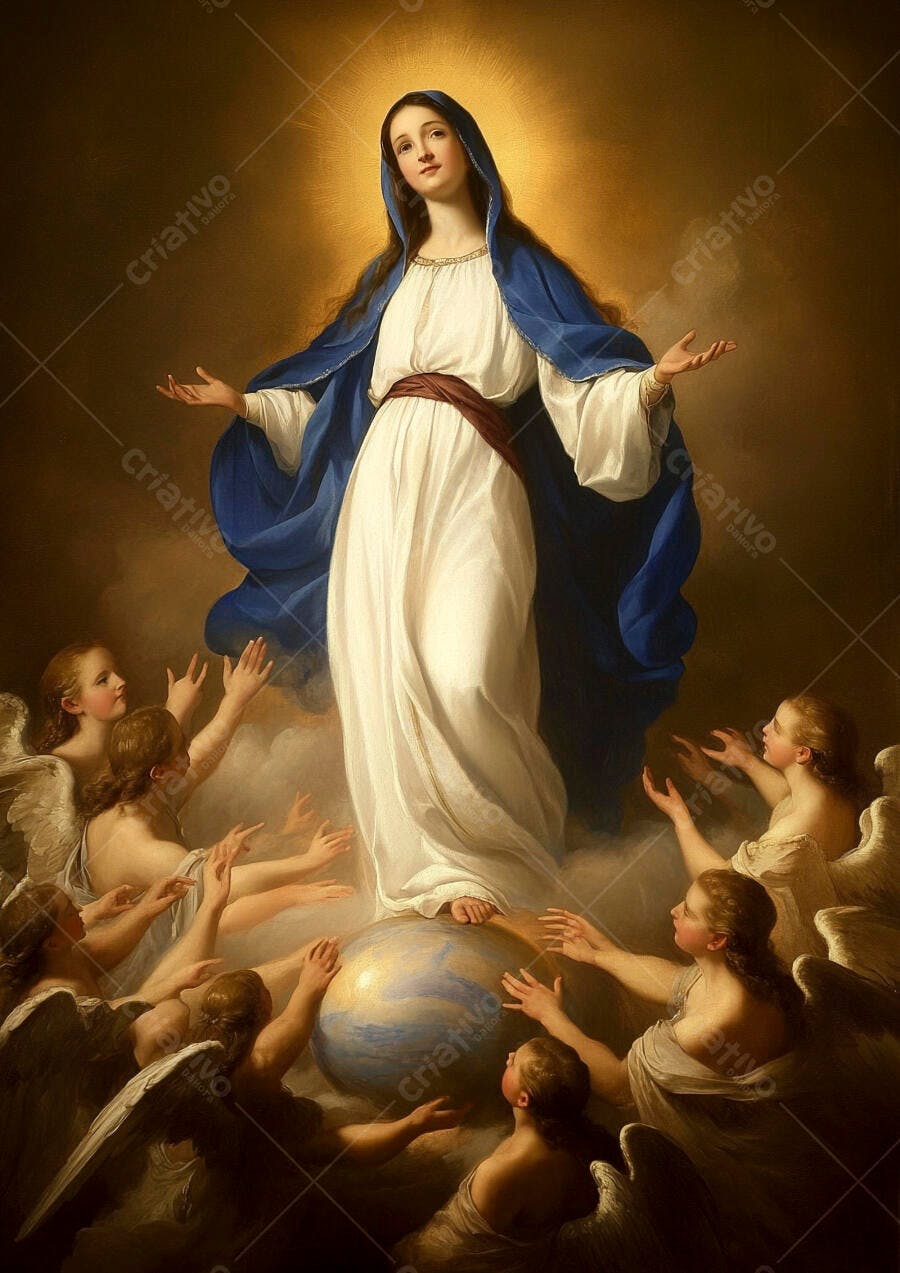 Nossa Senhora Imaculada Conceição vestes brancas e azuis sobre globo cercada por anjos celestiais