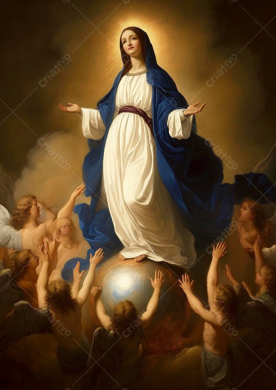 Nossa Senhora ascensão divina em manto azul e vestido branco com anjos e luz dourada