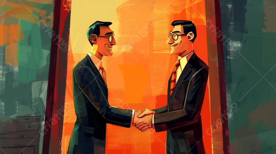 Empresários apertando as mãos sorridentes em ilustração de parceria