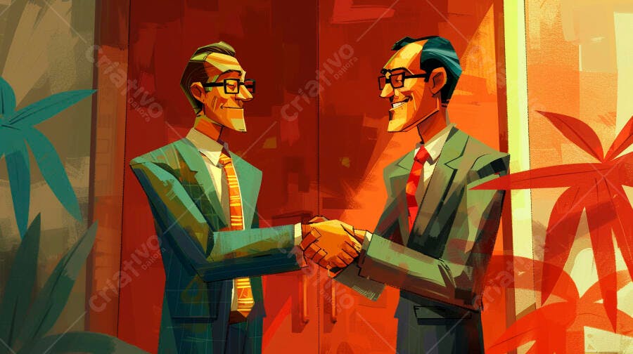 Homens de negócios sorrindo apertando as mãos em um ambiente corporativo vibrante