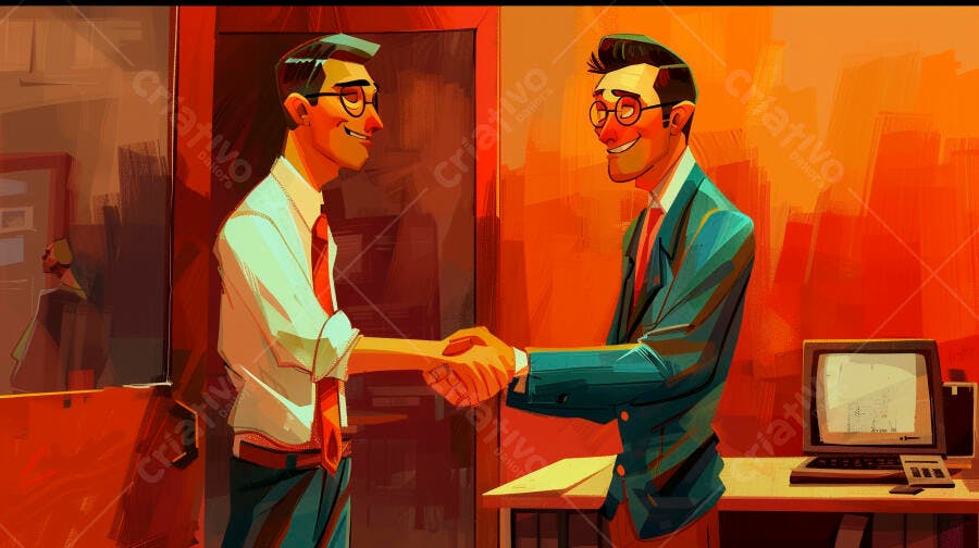 Dois homens de negócios sorrindo apertam as mãos em um escritório