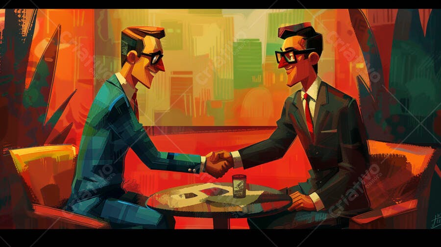 Dois executivos sorrindo apertando as mãos em reunião de negócios cores vibrantes