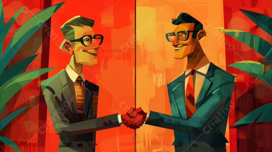 Dois homens de terno apertando as mãos em ilustração de negócios